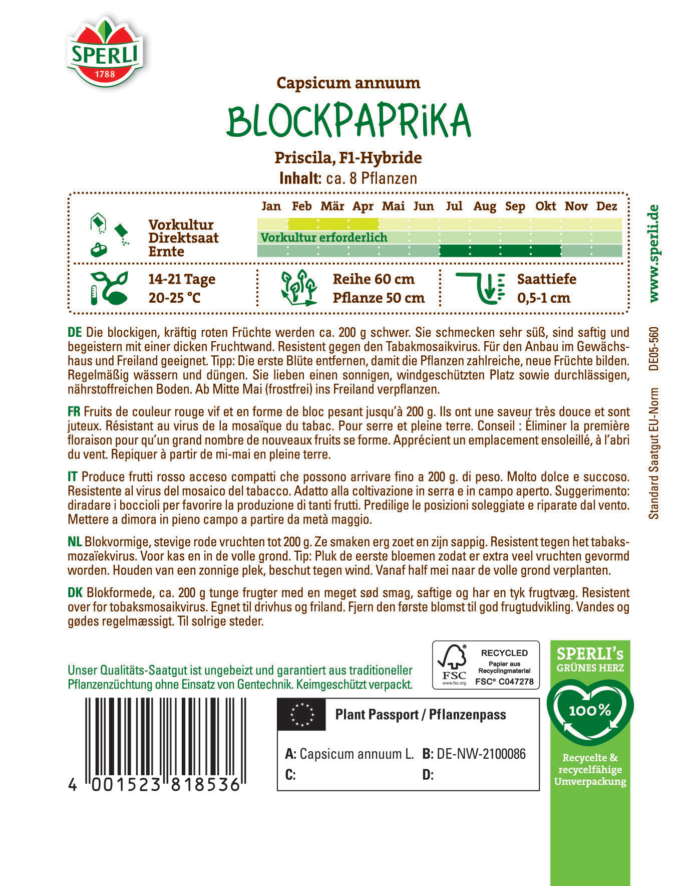 Boden mit grünen Pflanzen, farbige Etiketten, Text auf Deutsch, Französisch, Italienisch und Dänisch.