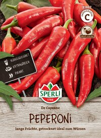 Rote Cayenne Peperoni, lange Früchte, getrocknet, ideal zum Würzen, auf Erde liegend.