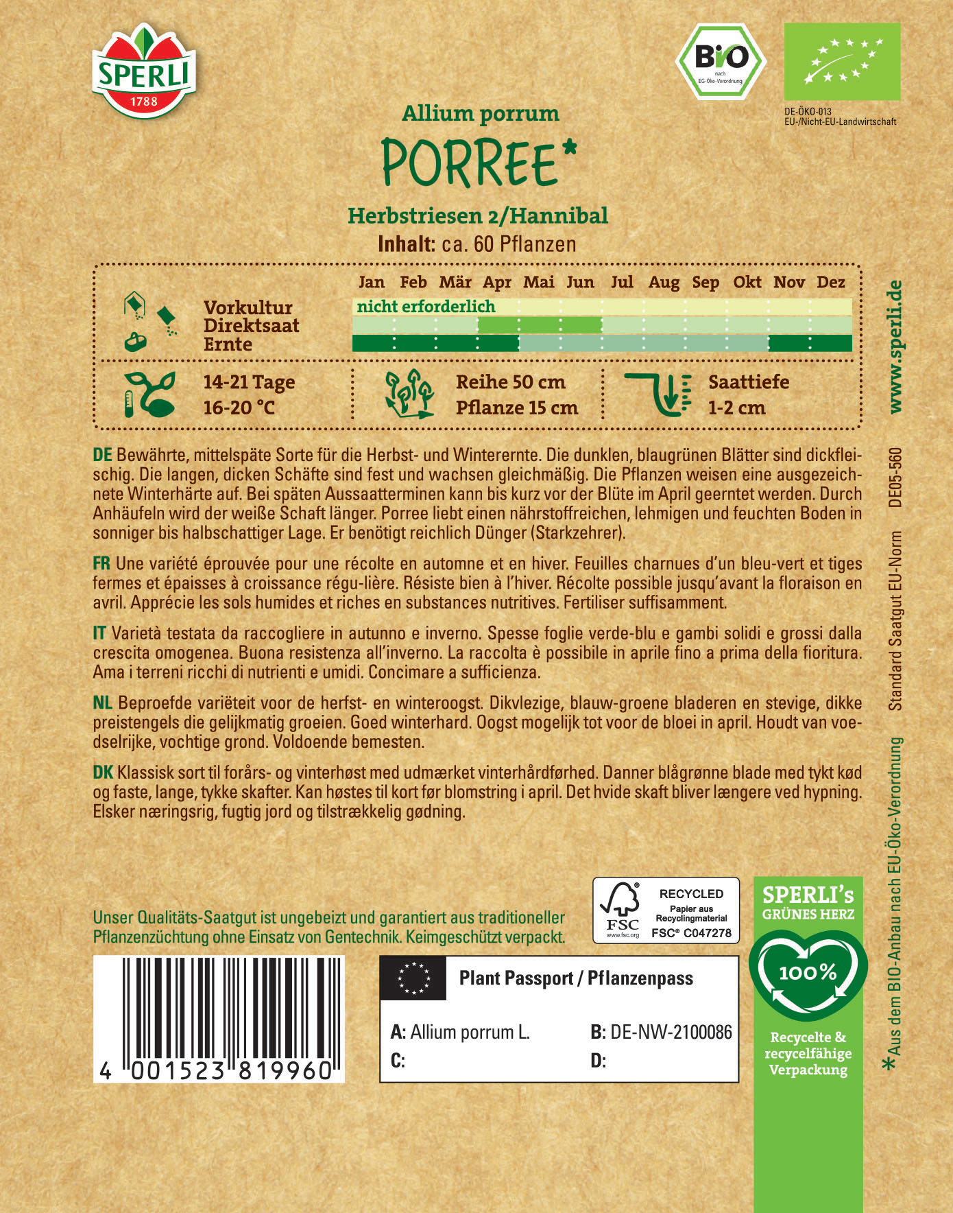 Saatgut für Allium porrum Porree, Herbstreiser, biologisch, ca. 60 Pflanzen, geeignet für Herbst und Winter.