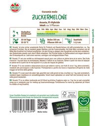 Pflanzenetikett mit Informationen zu Zuckermelone Anasta F1, Anzucht, Erntezeit, Temperatur und Pflanzeneigenschaften.
