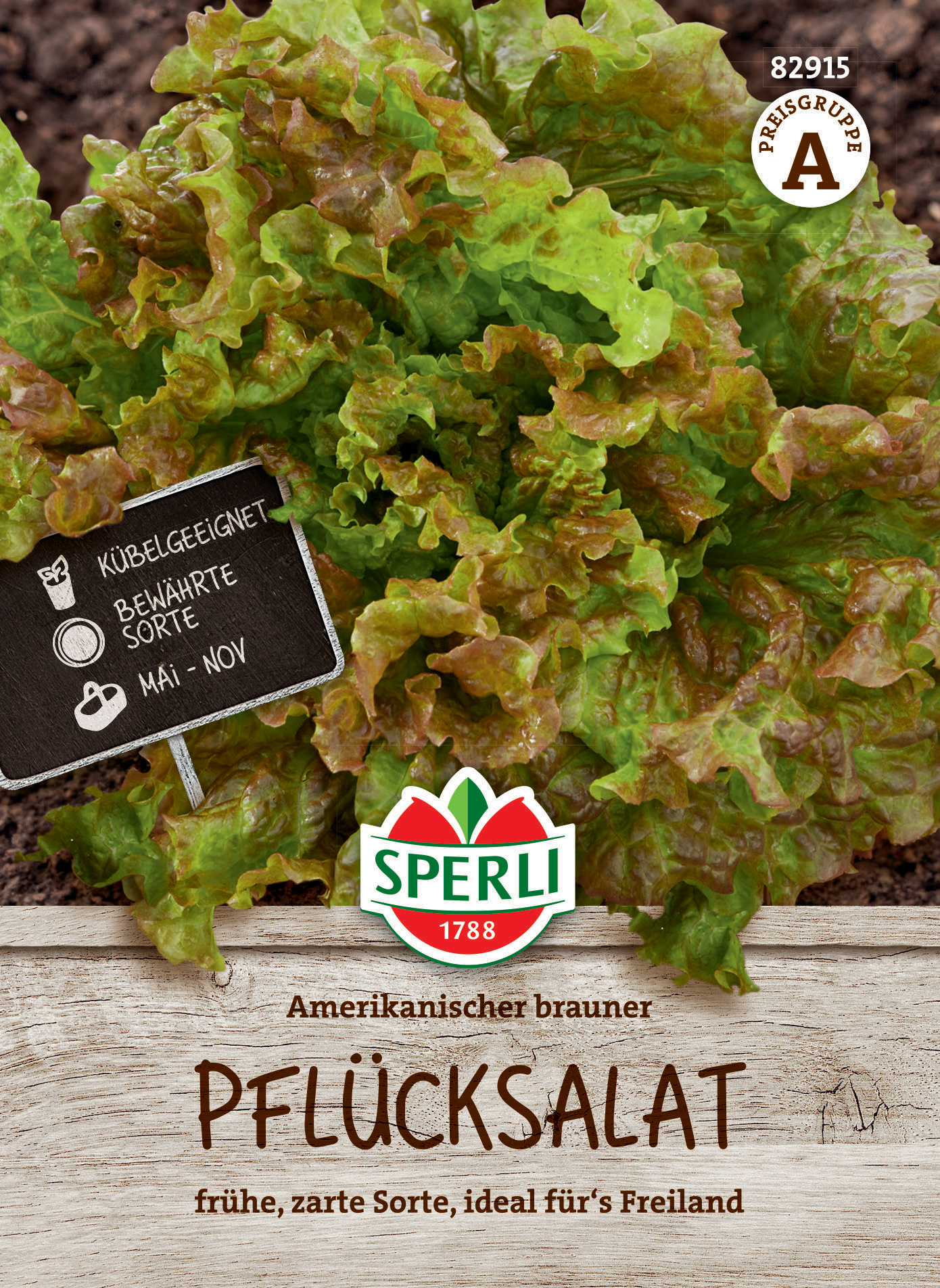 Amerikanischer brauner Pflücksalat auf Erde, mit Schild "Kübel geeignet, bewährte Sorte, Mai - Nov".