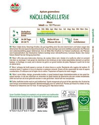 Knollensellerie Wächst im April bis Mai, frostfrei, 150 Pflanzen, 40 cm Höhe, 20-24 °C, Frühbeet erforderlich.