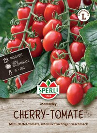 Rote Cherrytomaten auf einem Zweig mit grünen Blättern, Verpackung mit Logo und Produktinformationen.