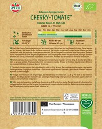 Samenansetzung für Cherry-Tomaten mit Pflanzeninformationen und Anbauhinweisen.