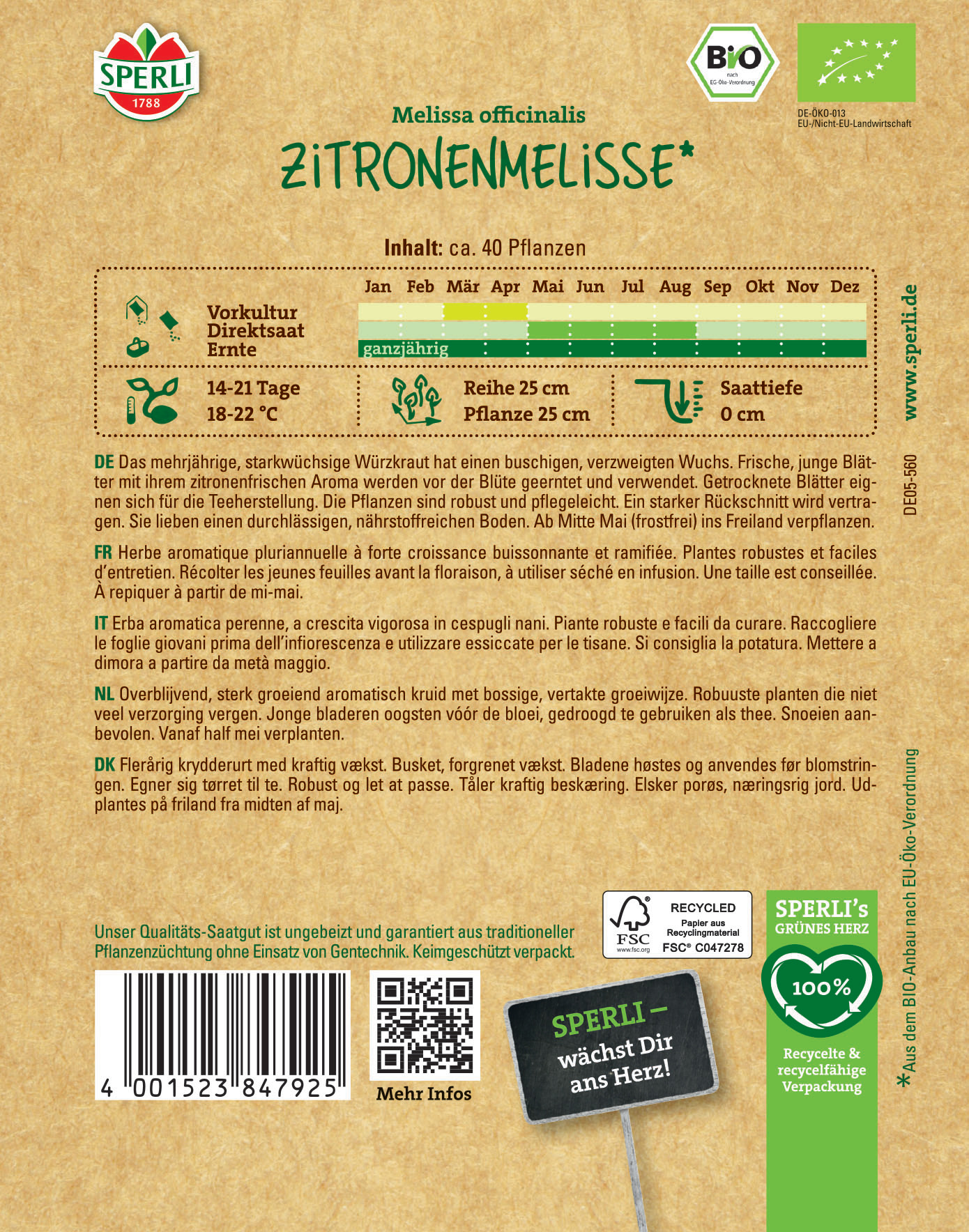 Zitronenmelisse plant mit ca 40 Pflanzen, wächst ganzjährig, 14-21 Tage Blühzeit, 18-22 Grad, Reihe 25 cm, Pflanze 25 cm.