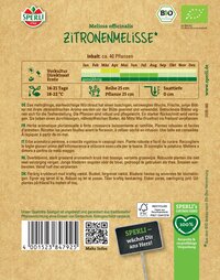 Zitronenmelisse plant mit ca 40 Pflanzen, wächst ganzjährig, 14-21 Tage Blühzeit, 18-22 Grad, Reihe 25 cm, Pflanze 25 cm.