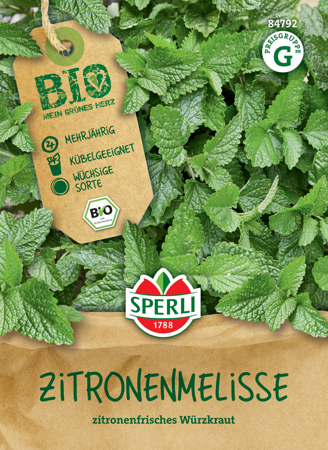 Sprüchl lemon balm auf einem Holzhintergrund, mit grünen Blättern und Bio-Label, Zitronenkraut, frisches Zitronen-Würzkraut.