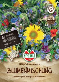 Bienenfreundliche Blumenmischung mit Sonnenblume, blauen und weißen Blumen, mehrfach verbundenen Pflanzen, für Honig- und Wildbienen.