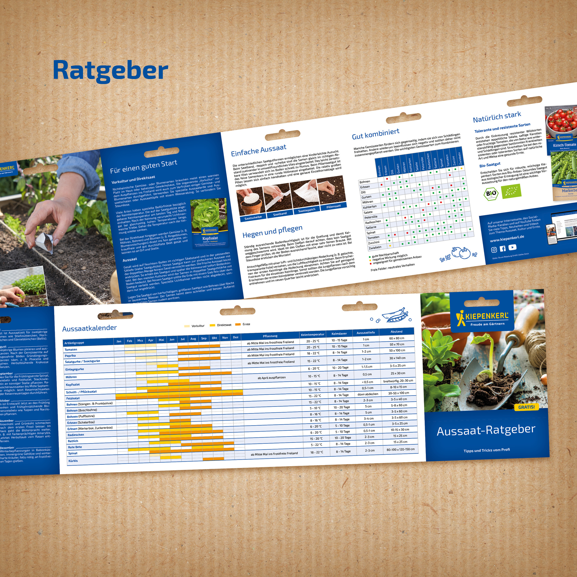 Mehrere Gärtner-Ratgeber und Kursmaterialien, darunter Aussaat- und Pflegeanleitung, auf Erde liegend.