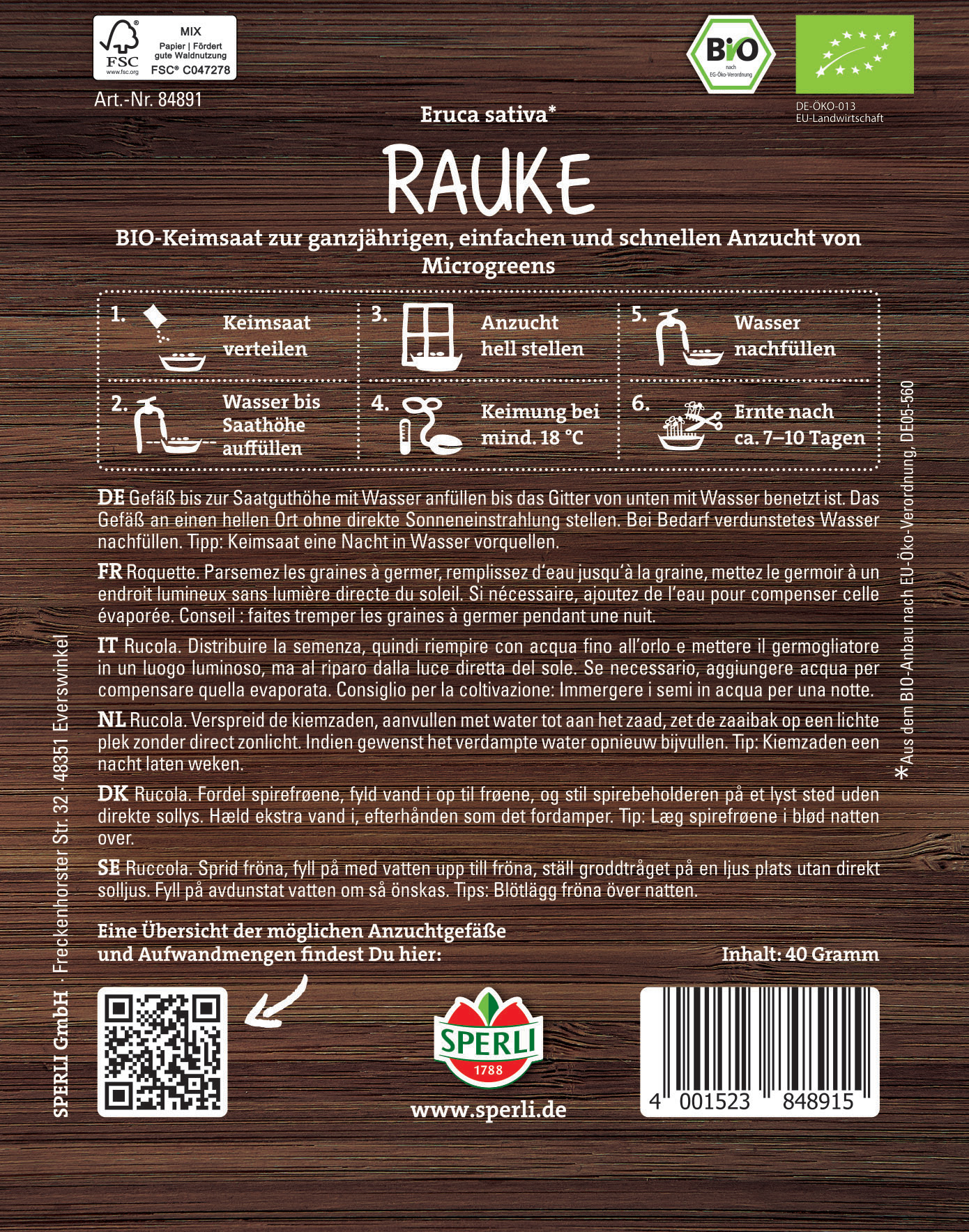Informationen zur Aussaat und Pflege von Rauke, inklusive Schritt-für-Schritt-Anleitung in mehreren Sprachen.