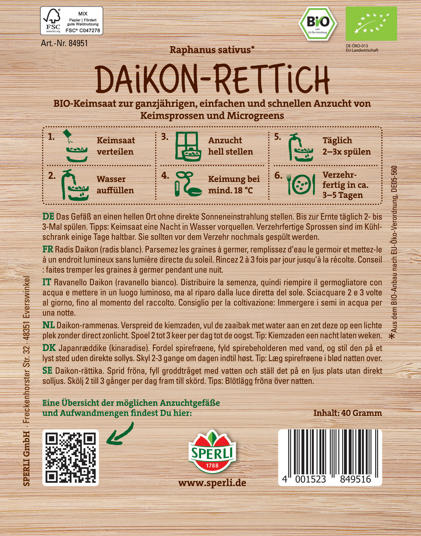 Anleitung für Keimsaat und Daikon-Rettich auf Holzoptik, mit QR-Code und Bar-Code.