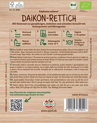 Anleitung für Keimsaat und Daikon-Rettich auf Holzoptik, mit QR-Code und Bar-Code.