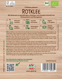 Anleitung für die Aussaat von rotblättrigem Trifolium pratense, mit Icons und Text auf holzartigem Hintergrund.