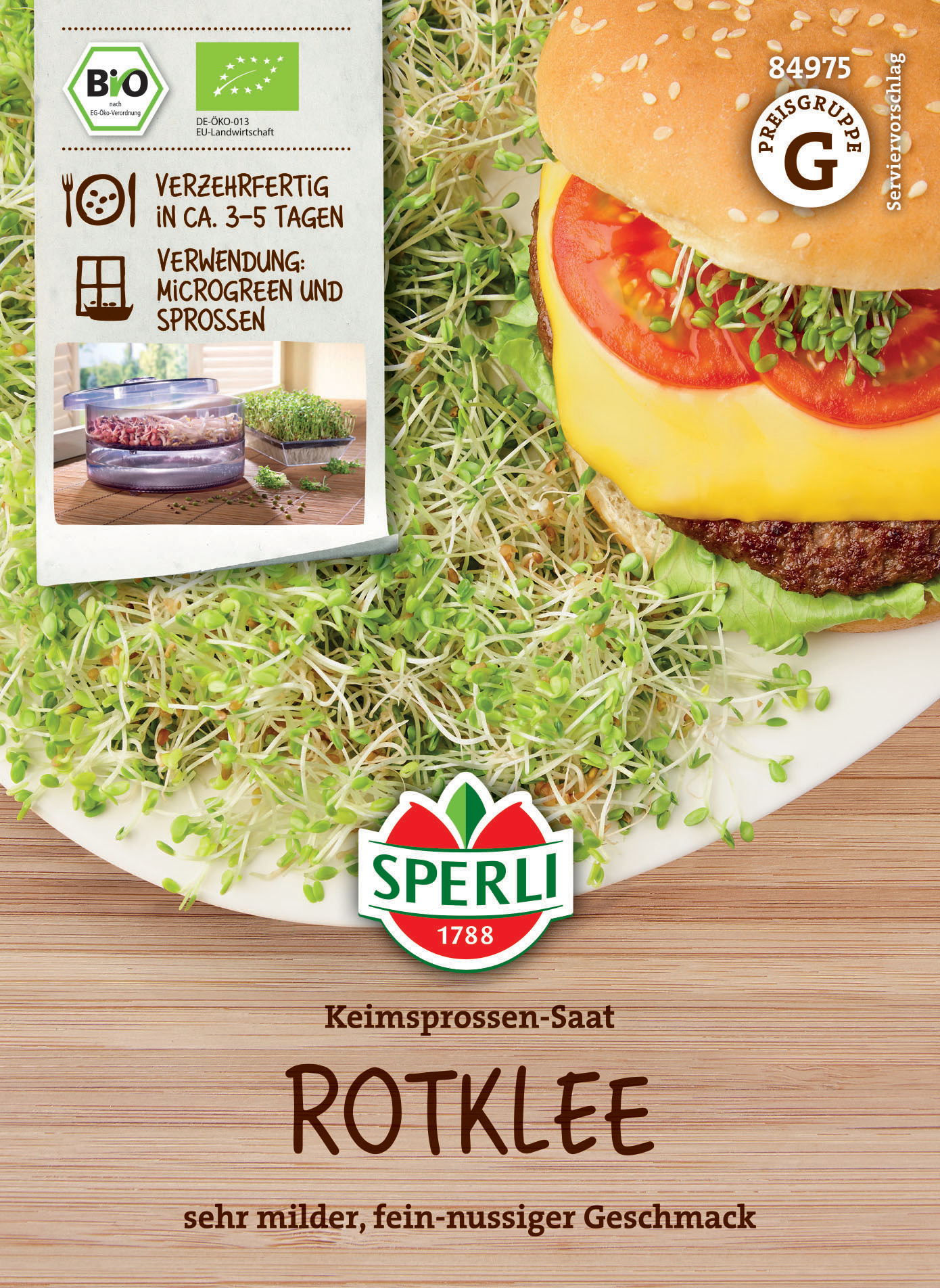 Keimsprossen-Saat Rotklee, mild, fein, nussiger Geschmack, auf Bild mit Hamburger, Keimsprossen und Logo.