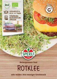 Keimsprossen-Saat Rotklee, mild, fein, nussiger Geschmack, auf Bild mit Hamburger, Keimsprossen und Logo.
