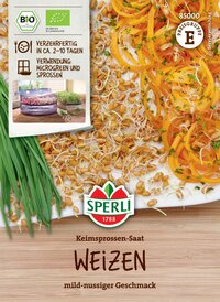 Getreidesprossen Saat Weizen mild nussiger Geschmack, in Scheiben, mit Würzbereich, Verzehrempfehlung, Verpackung.