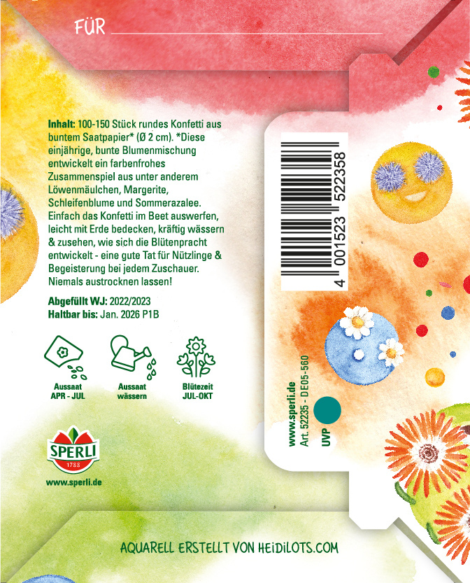 Bunte Papierkonfetti mit Blumen, Löwenmännchen, Margeriten, Blüten, Sommerarzneile, bunte Farben, Wasser, Erde.