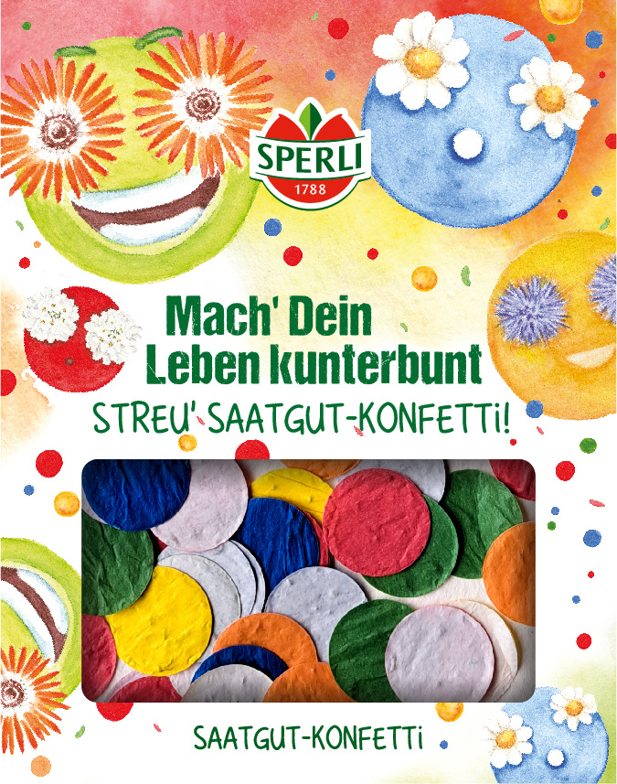 Bunte Streusaatgut-Kleeblätter in knisternder Verpackung mit Frühlingsmotiv.