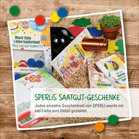 Bunte Saatgut-Geschenke von Sperli mit Blumen, Pflanzen und bunten Dekorationen auf Holz- und Sanduntergrund.