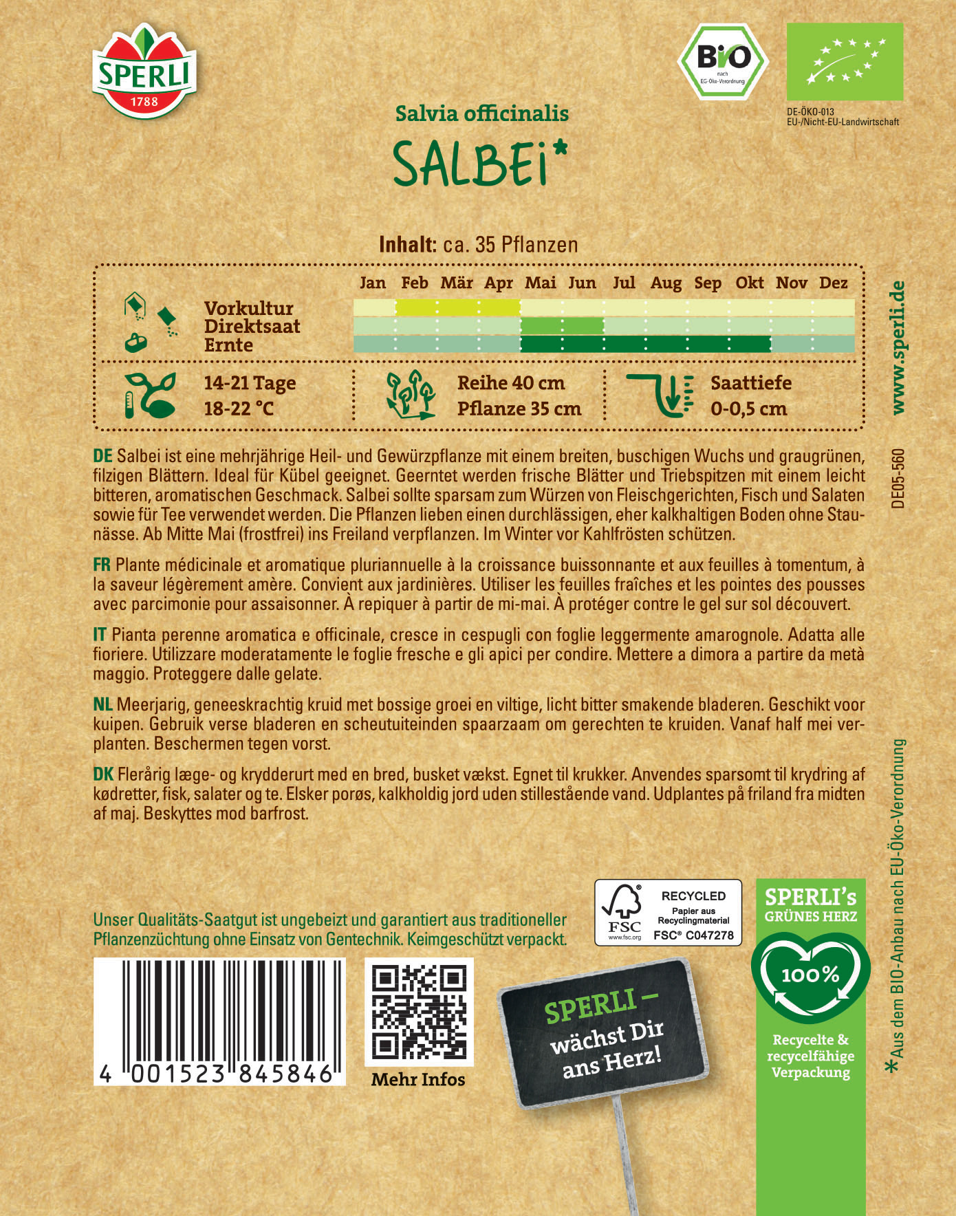Kräuterpflanze Salbei mit Text, Zeitplan, Temperaturangaben und zertifizierter Bio-Qualität auf braunem Hintergrund.