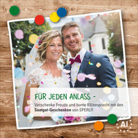 Hochzeitspaar bei Regen, mit Konfetti, vor Kirche, auf Holz-Untergrund, Hochzeit, Braut, Bräutigam, Feier, Freude