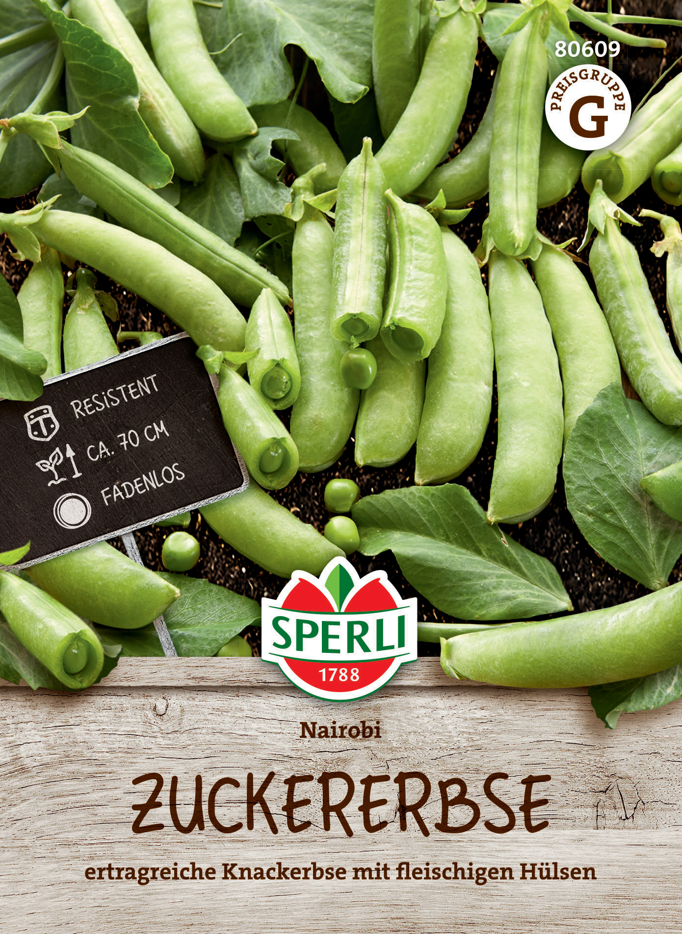 Grüne Zuckererbse mit fleischigen Hülsen, ca. 70 cm hoch, resistent gegen Fadenwürmer, im Boden liegend.