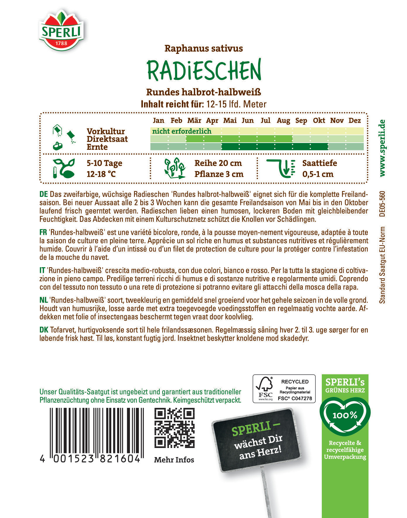 Runde Radieschen mit grünen und weißen Köpfen, Verpackung und Radieschenlogo.