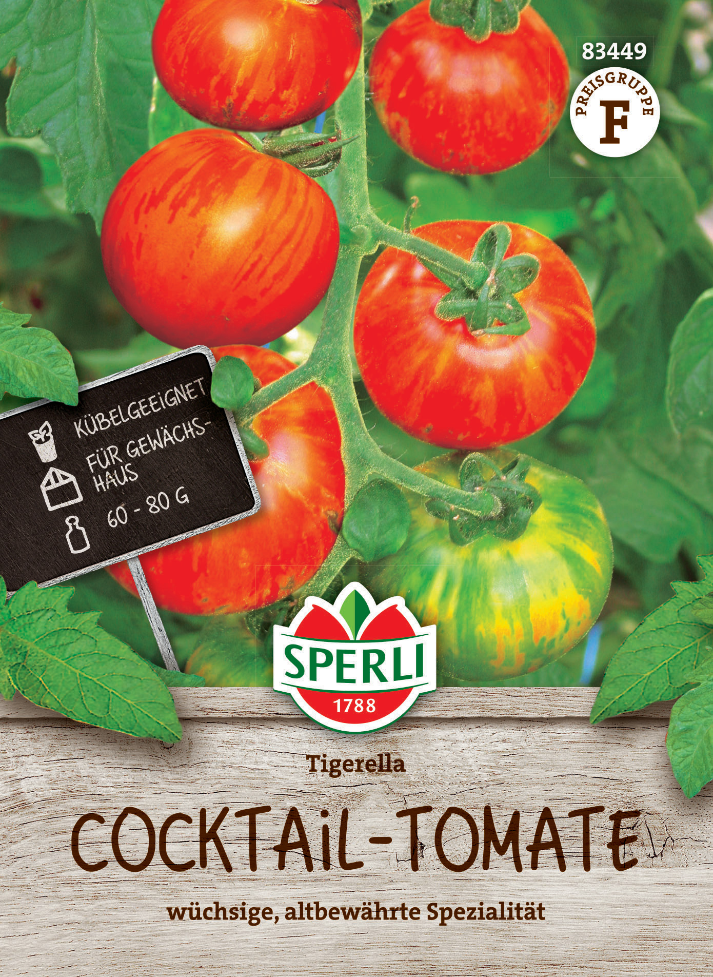 Reife Tigerella Cocktail-Tomaten an der Pflanze, geeignet für Gewächshaus, 60-80 g.