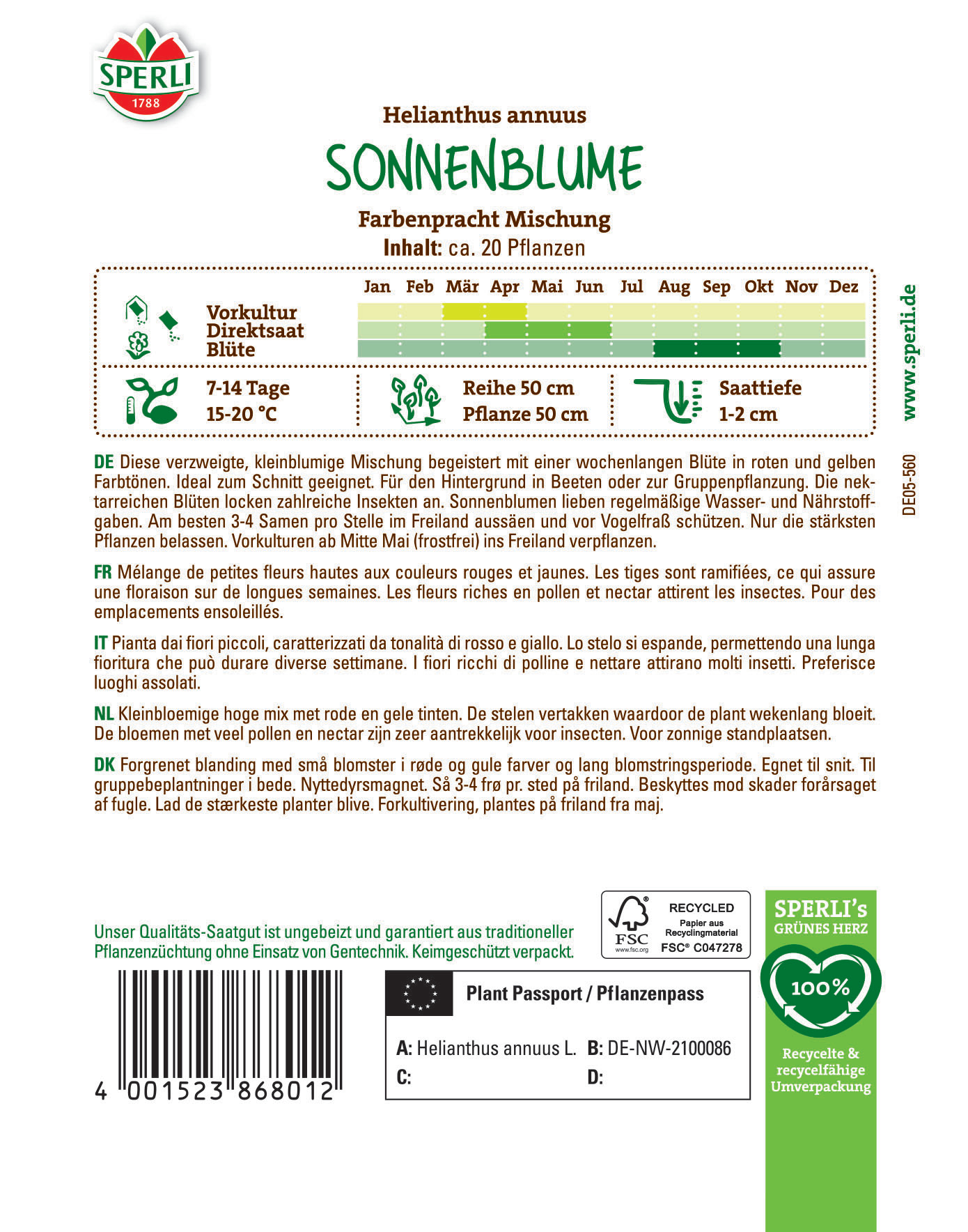 Sonnenblumenbild mit Text und Pflanzenangaben, Drucken und Anbauhinweisen auf Rückseite.