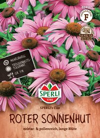 Rote Sonnenhutblüten mit dunkelbraunem Zentrum, grüne Blätter im Hintergrund