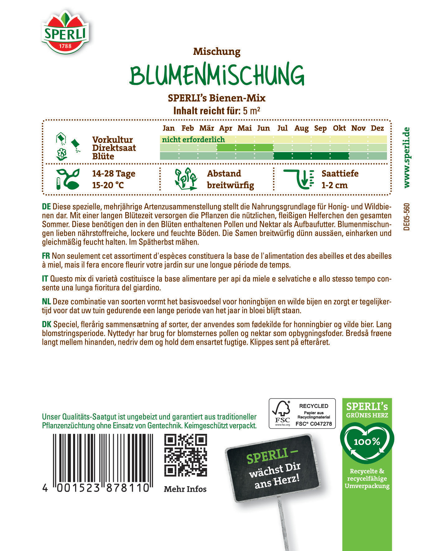Text auf dem Bild: "Blumenmischung von Sperli, mit Bienen-Mix, für 5 m2, Blühzeit März bis Oktober, 14-28 Tage Keimdauer."