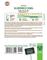 Text auf dem Bild: "Blumenmischung von Sperli, mit Bienen-Mix, für 5 m2, Blühzeit März bis Oktober, 14-28 Tage Keimdauer."