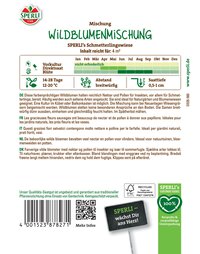 Bunte Wildblumenmischung mit Nectar und Pollen, für Naturgärten und Blumenwiesen, auf Verpackung abgebildet.