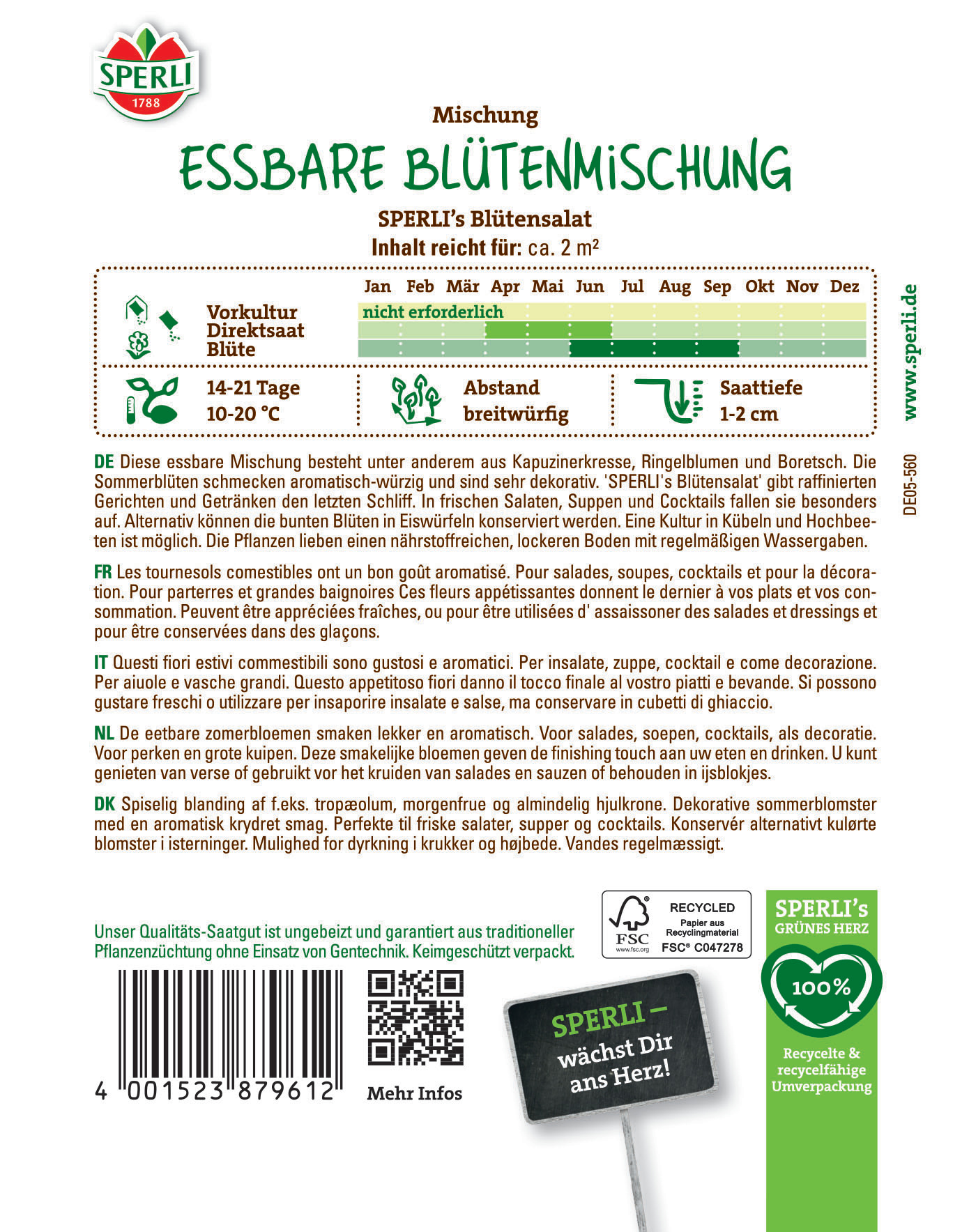 Bunte essbare Blumenmischung aus Kapuzinerkresse, Ringelblumen und Borstch in Eiswürfeln konserviert, für Salate und Cocktails.