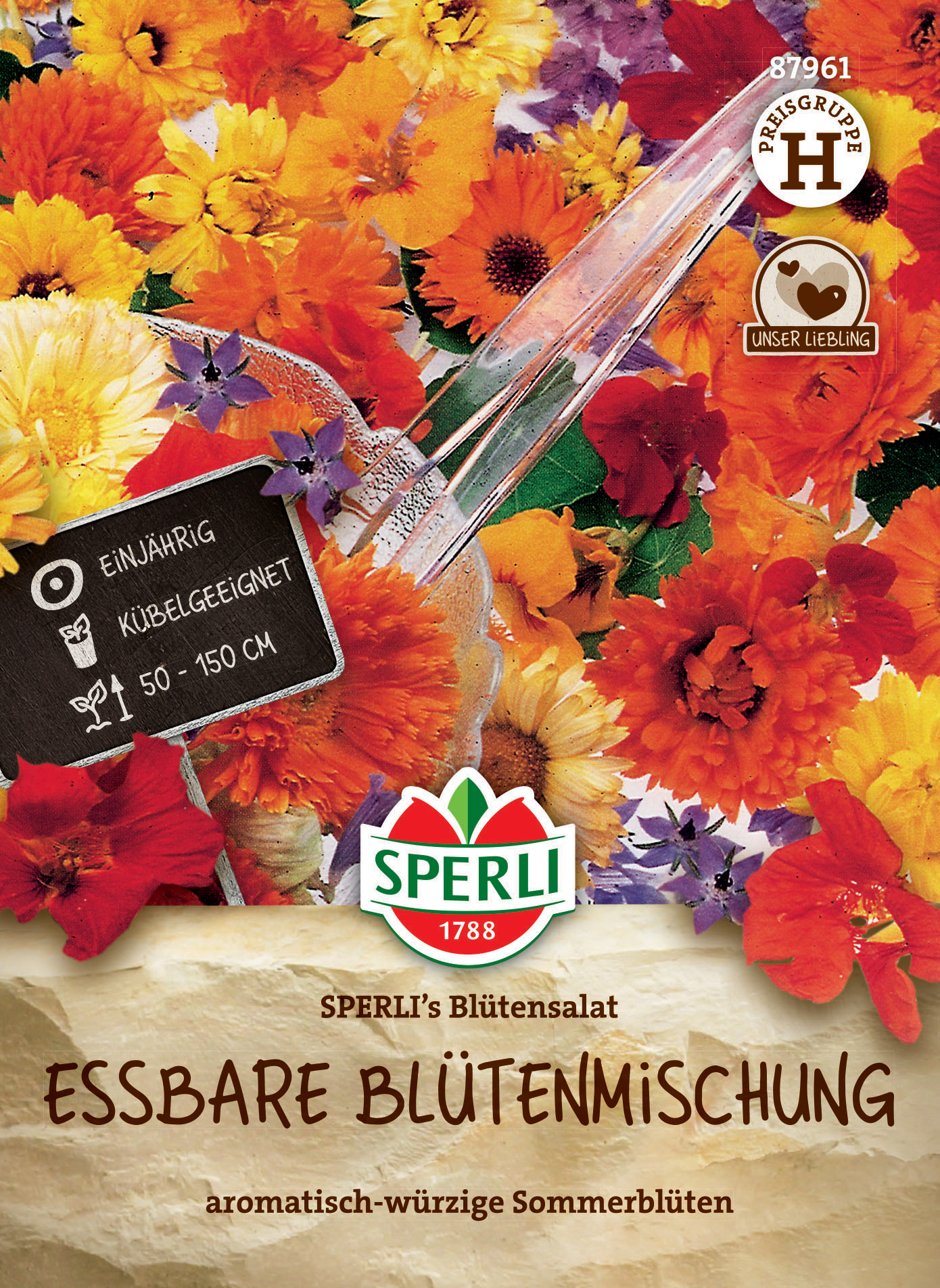 Bunte Sommerblüten in einer Schnupfverpackung mit Sprerli-Logo, Text und Symbolen.