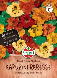 Bunte Kapuzinerkresse mit gelben, roten und orangefarbenen Blüten auf dem Samenpäckchen.