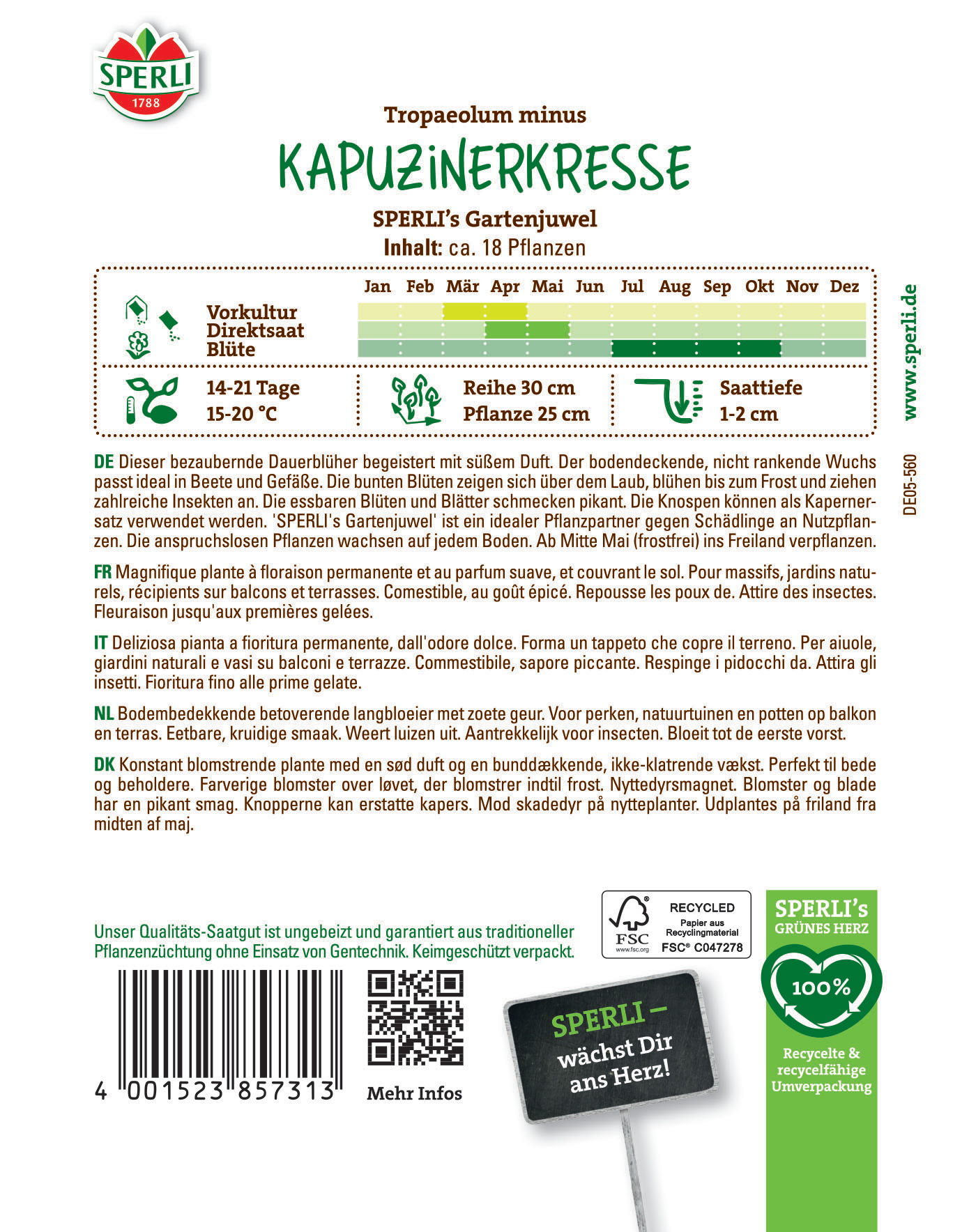 Bodenbedeckende, duftende Kapuzinerkresse mit bunten Blüten und essbaren Blättern, wächst auf jedem Boden.