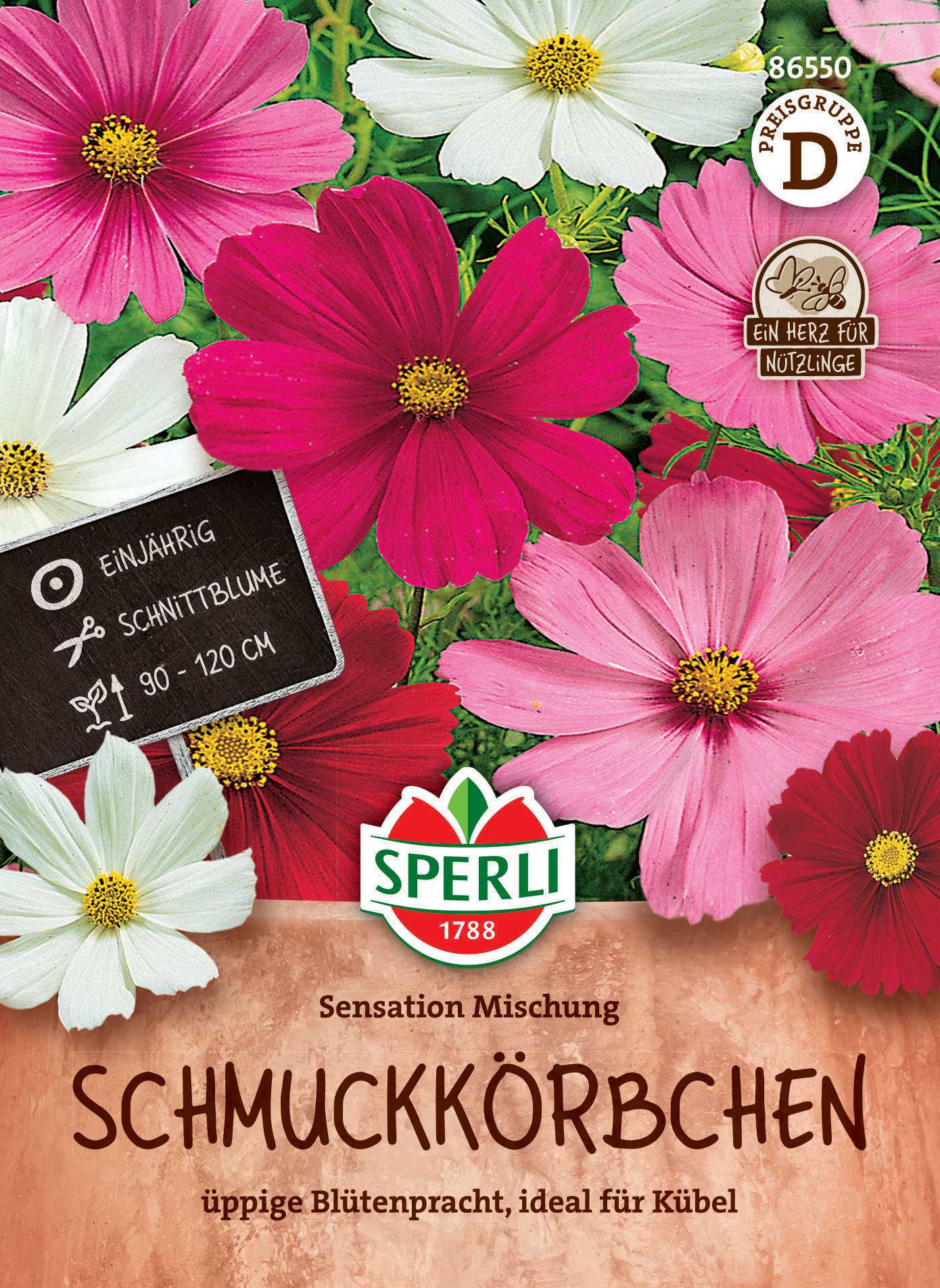 Bunte Cosmea-Blumen in Pink, Weiß und Rot, auf Packung mit Pflanzeninformationen und Marke Sperli.