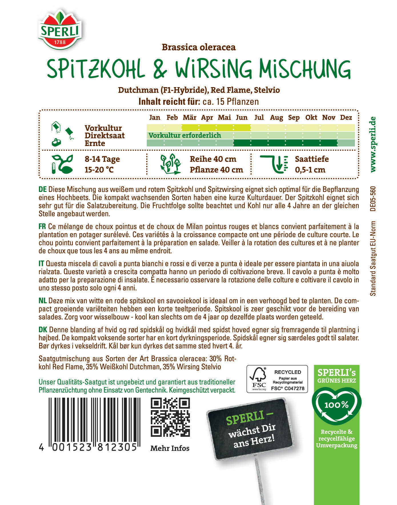 Wurzelfarben und Pflanzenspitzen, Abschnitt mit Pflanzen- und Anbaudaten, QR-Code, Barcodes, Text.