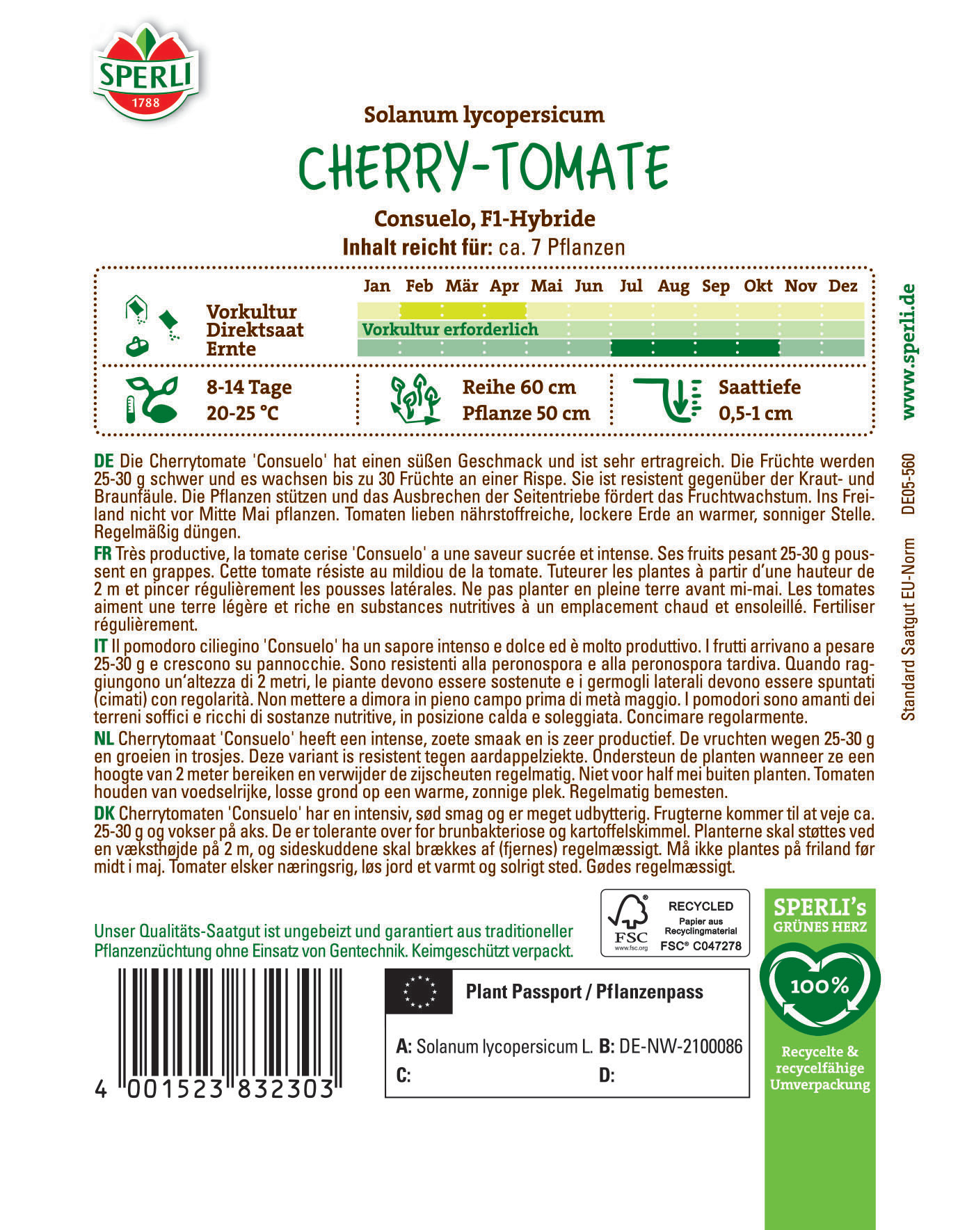 Garten-Saatgut für Cherry-Tomate Consuelo, mit Pflanzzeit Februar bis April, bis Mai gedeihen.