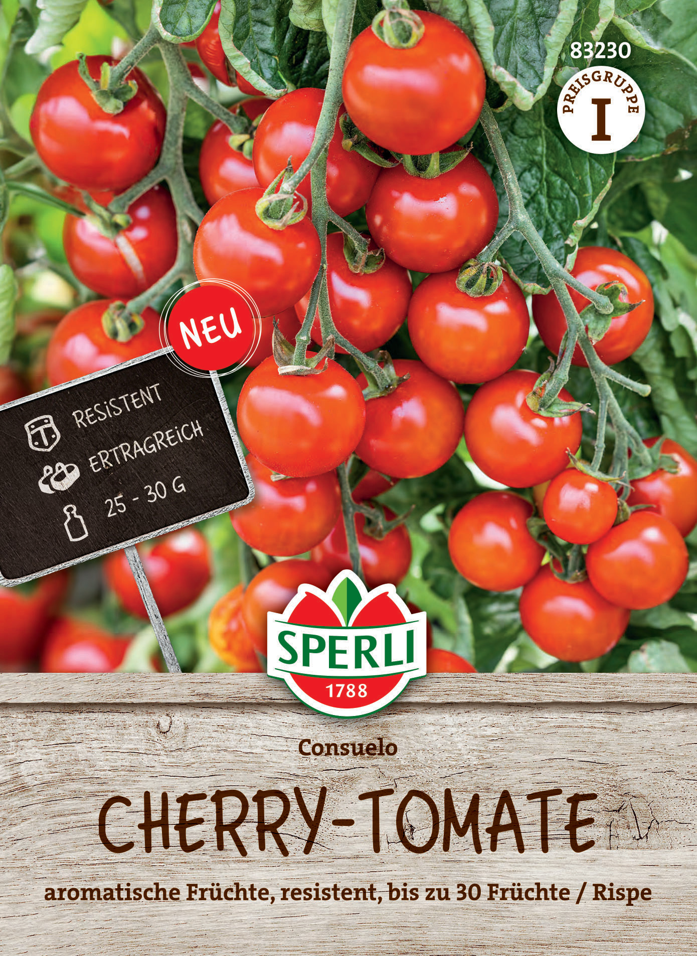 Tomaten an der Pflanze, rote Cherry-Tomaten, grünes Laub, schwarzes Etikett mit weißem Text, Spargel-Logo, Holzoptik.