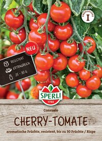 Tomaten an der Pflanze, rote Cherry-Tomaten, grünes Laub, schwarzes Etikett mit weißem Text, Spargel-Logo, Holzoptik.
