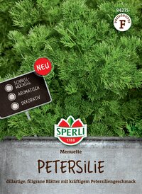 Petersilie mit dünnfliegenden Blättern und kräftigem Petersilgeschmack, in einem Körbchen auf grünem Hintergrund.