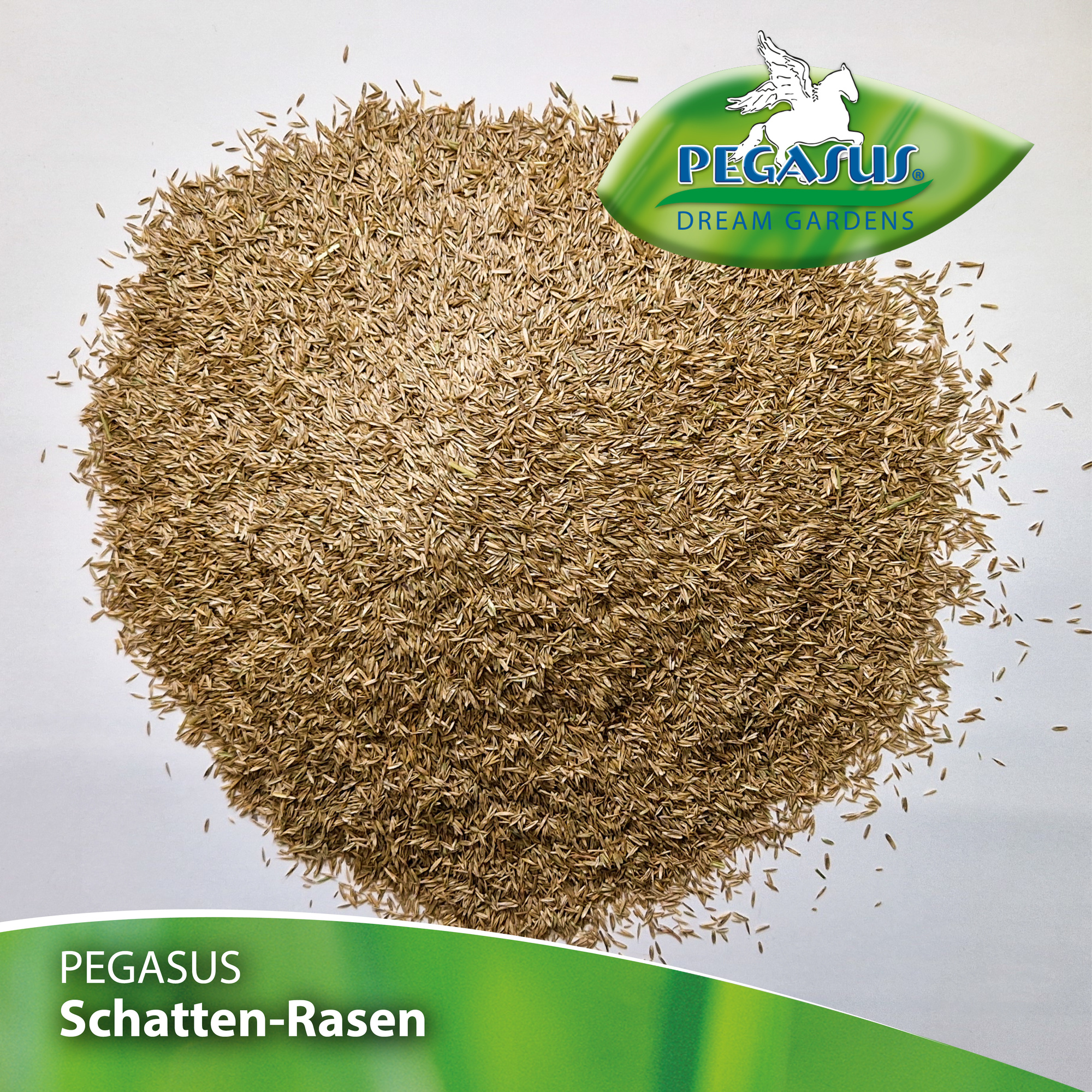 Haufen aus Samen mit Pegasus Logo im oberen rechten und grüner Bander im unteren Bereich