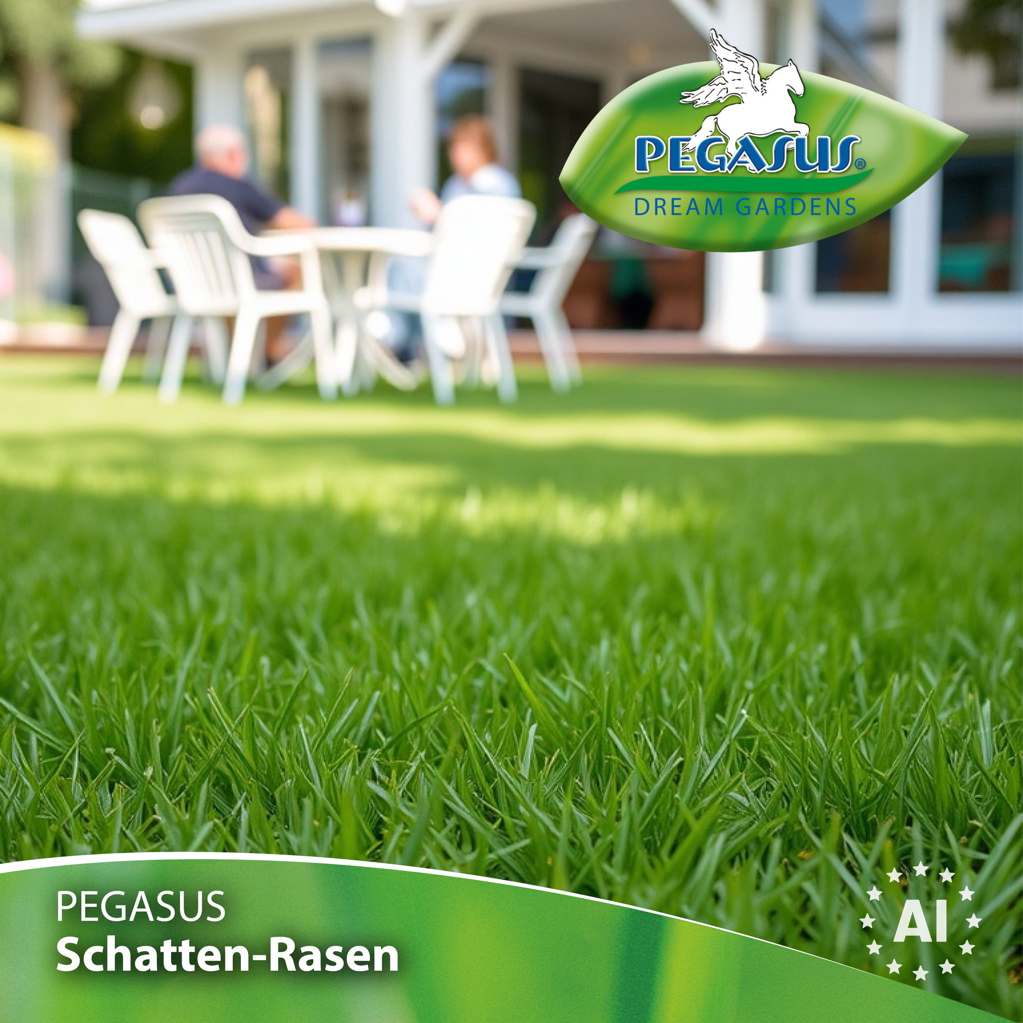 Grünes Schatten-Rasen mit Menschen im Hintergrund auf einer Terrasse, Pegasus Werbung im Bild.