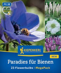 Biene on a blue flower with dark center, three smaller flower images on right side including white and purple flowers.