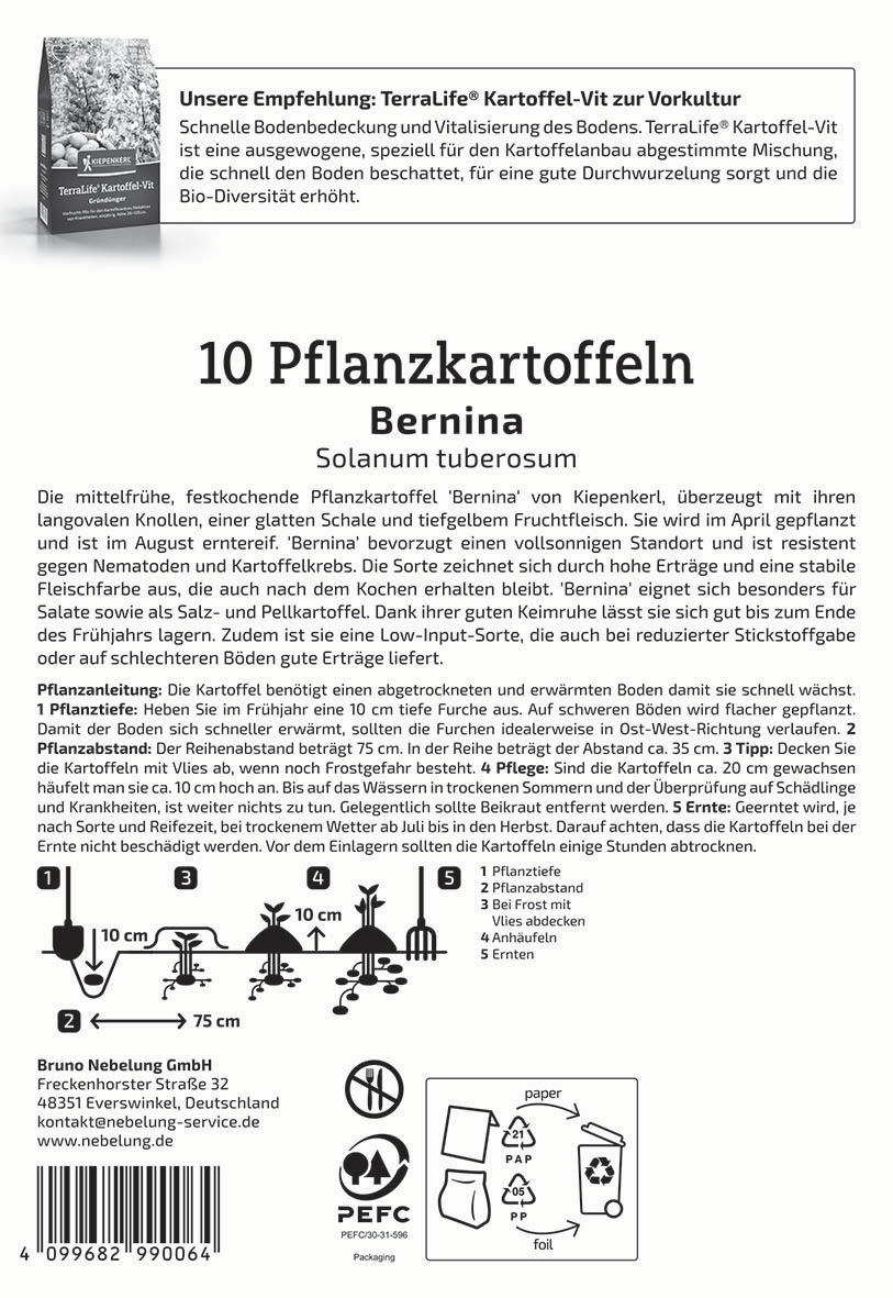 Anleitung für den Anbau von 10 Pflanzkartoffeln Bernina mit Text und Diagrammen.